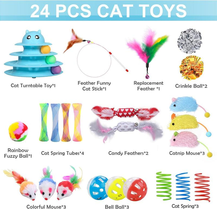 Set de 24 Juguetes Interactivos para Gatos - Kit Completo con Torbellino 3 Niveles, Juguetes con Hierba Gatera, Ratones y Pelotas Variadas