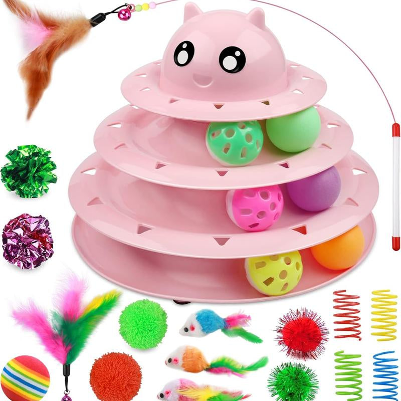 Set de 24 Juguetes Interactivos para Gatos - Kit Completo con Torbellino 3 Niveles, Juguetes con Hierba Gatera, Ratones y Pelotas Variadas
