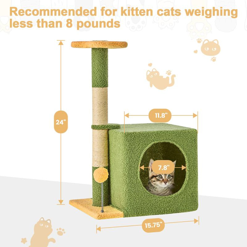 Árbol Rascador para Gatos con Hojas Verdes - Casa Cómoda de Felpa y Poste Rascador para Gatos de Interior