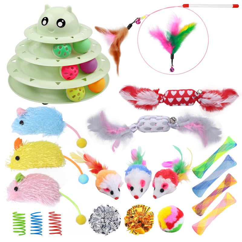Set de 24 Juguetes Interactivos para Gatos - Kit Completo con Torbellino 3 Niveles, Juguetes con Hierba Gatera, Ratones y Pelotas Variadas