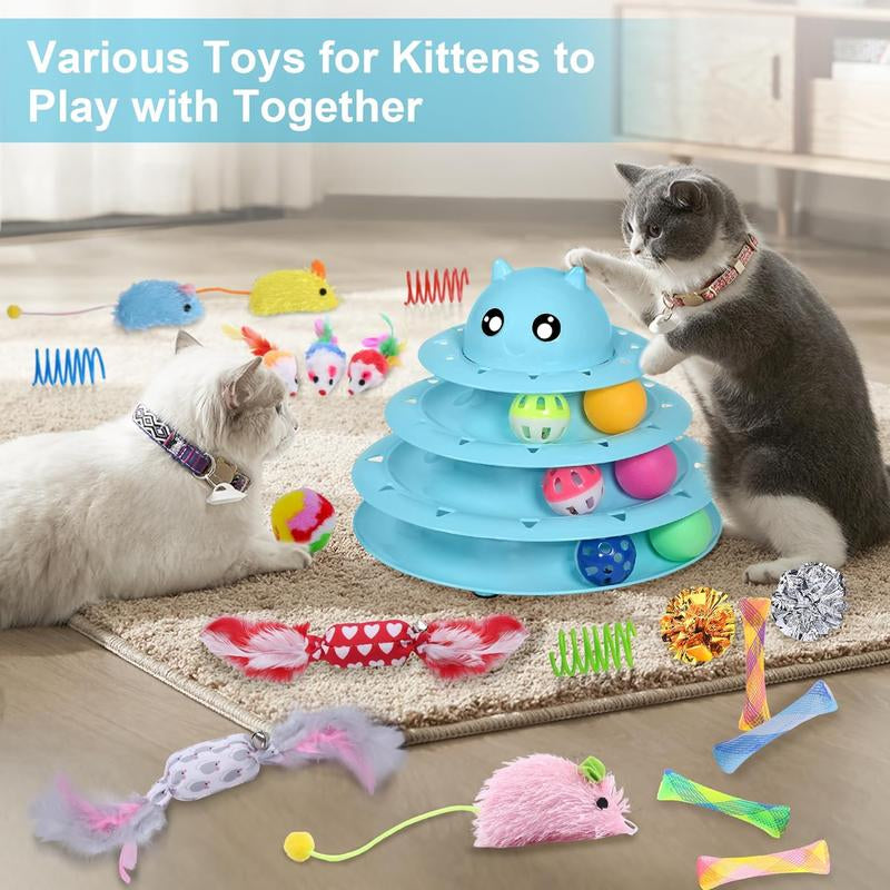 Set de 24 Juguetes Interactivos para Gatos - Kit Completo con Torbellino 3 Niveles, Juguetes con Hierba Gatera, Ratones y Pelotas Variadas