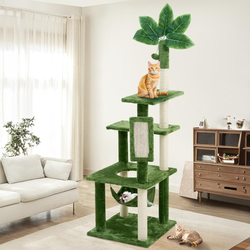 Árbol Rascador para Gatos con Hojas Verdes - Casa Cómoda de Felpa y Poste Rascador para Gatos de Interior