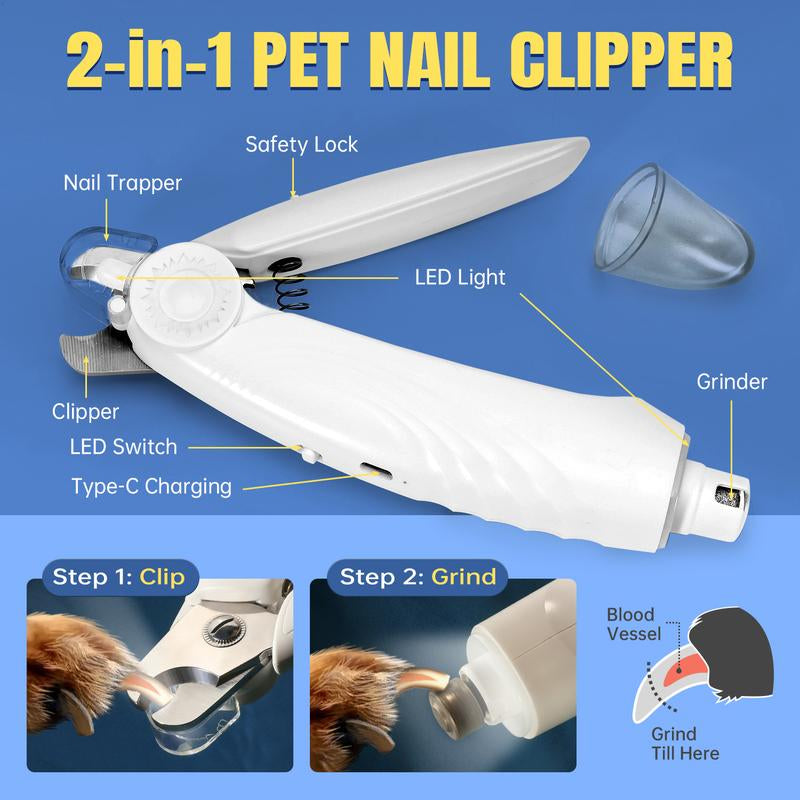 Cortauñas Eléctrico 2 en 1 para Perros y Gatos - USB Recargable con LED y Diseño Seguro - Ideal para Mascotas Pequeñas, Medianas y Grandes