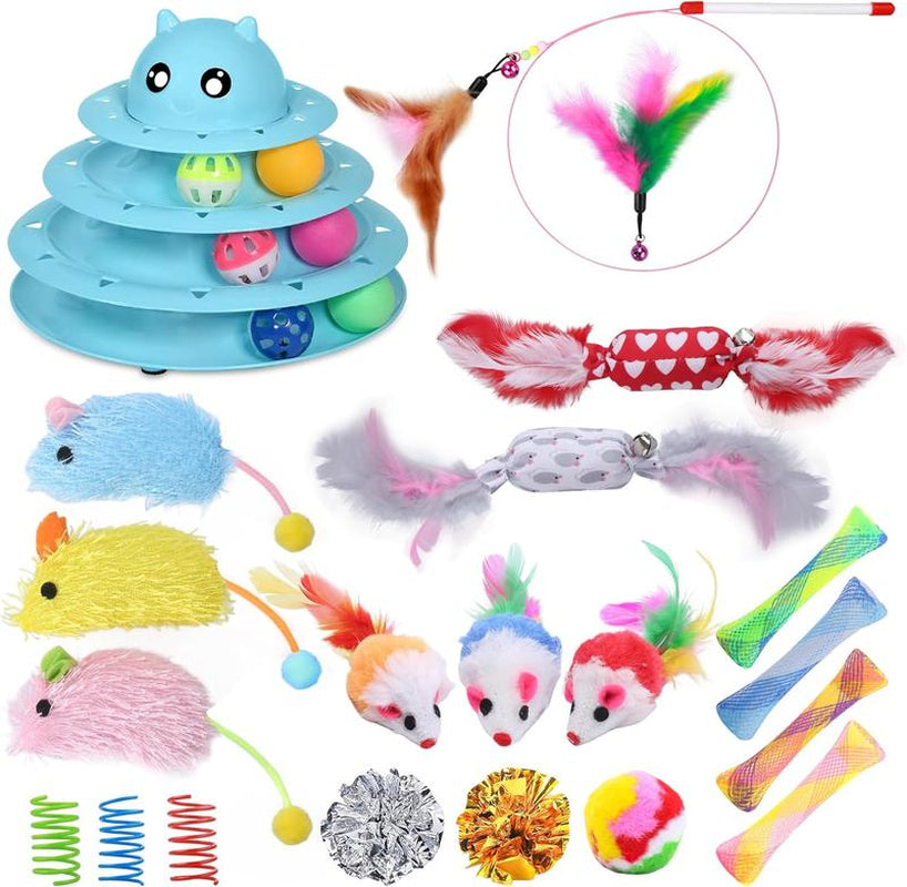 Set de 24 Juguetes Interactivos para Gatos - Kit Completo con Torbellino 3 Niveles, Juguetes con Hierba Gatera, Ratones y Pelotas Variadas