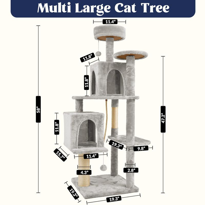 Wecharmer Árbol Rascador para Gatos 58" Torre Interior con Condominios Altos Poste Rascador Juguete Colgante Mueble Gatos Mascotas