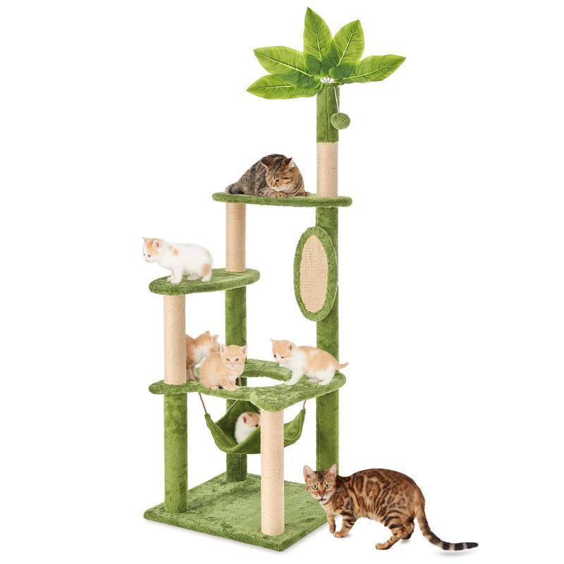 Árbol Rascador para Gatos con Hojas Verdes - Casa Cómoda de Felpa y Poste Rascador para Gatos de Interior