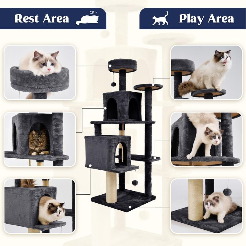 Wecharmer Árbol Rascador para Gatos 58" Torre Interior con Condominios Altos Poste Rascador Juguete Colgante Mueble Gatos Mascotas