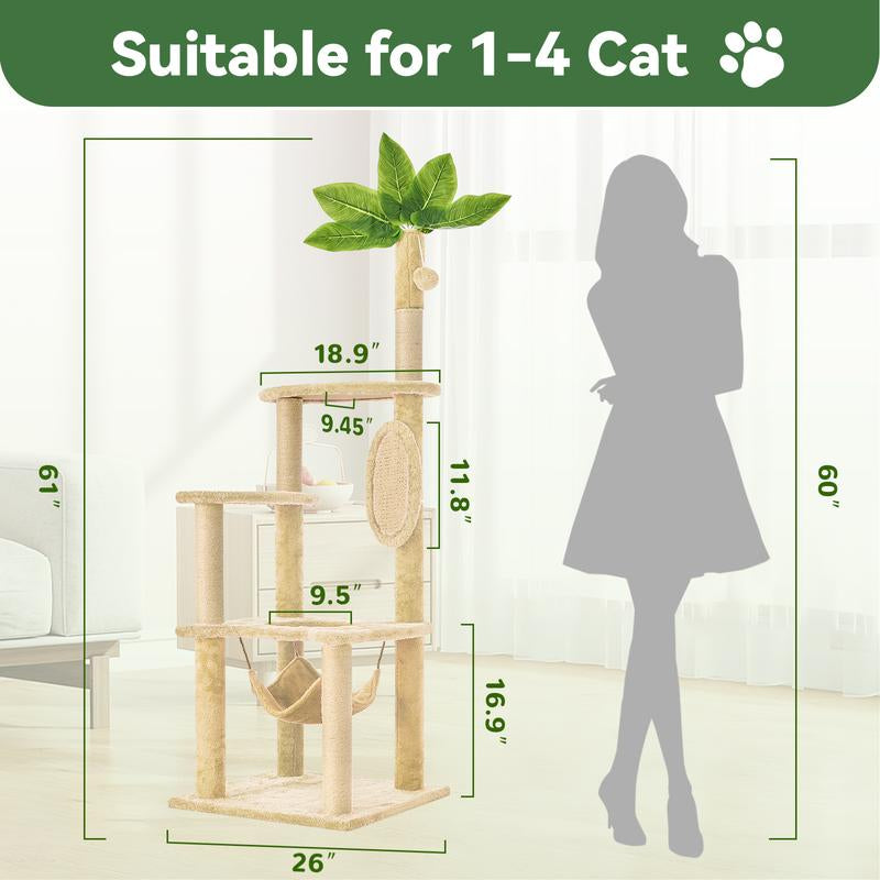 Wecharmer Árbol Torre para Gatos de Interior con Hojas Verdes, Casa Condo Felpa Acogedora con Pelota Colgante, Mueble Rascador Gatos