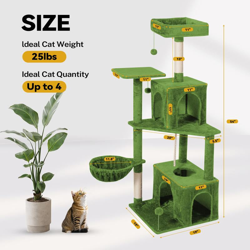 Árbol Rascador para Gatos con Hojas Verdes - Casa Cómoda de Felpa y Poste Rascador para Gatos de Interior