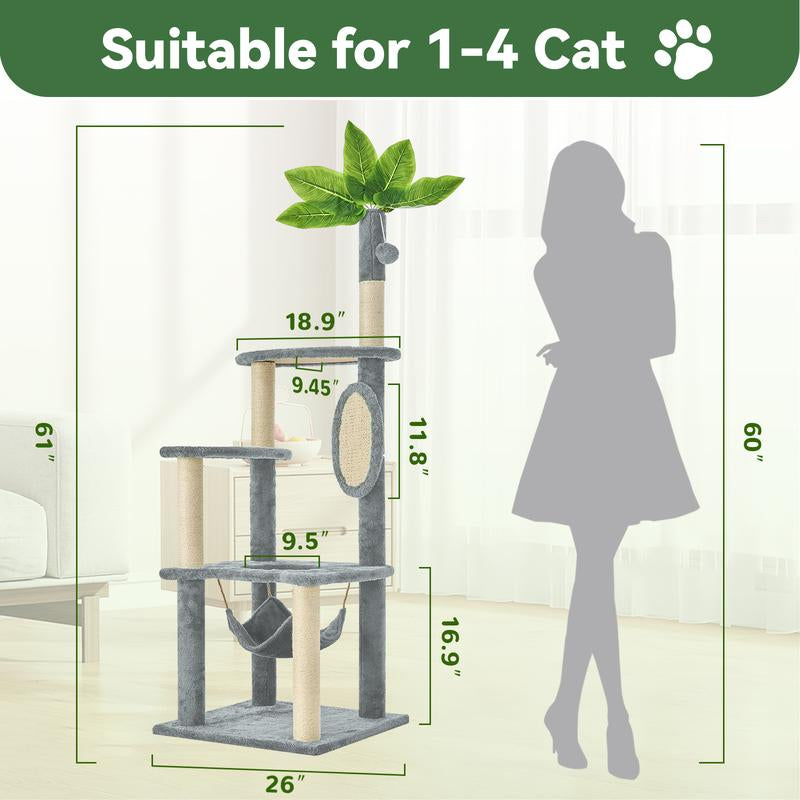 Wecharmer Árbol Torre para Gatos de Interior con Hojas Verdes, Casa Condo Felpa Acogedora con Pelota Colgante, Mueble Rascador Gatos