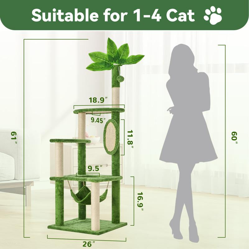 Wecharmer Árbol Torre para Gatos de Interior con Hojas Verdes, Casa Condo Felpa Acogedora con Pelota Colgante, Mueble Rascador Gatos