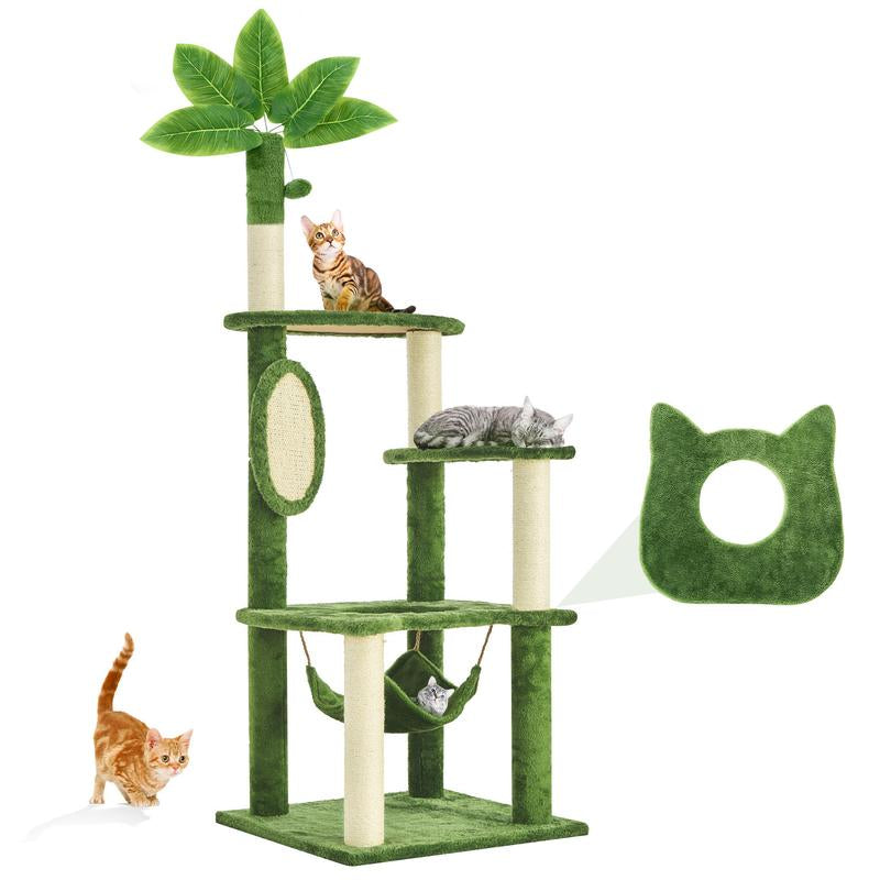 Árbol Rascador para Gatos con Hojas Verdes - Casa Cómoda de Felpa y Poste Rascador para Gatos de Interior