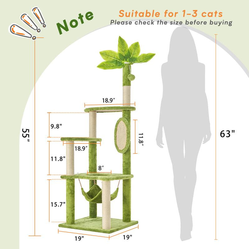 Árbol Rascador para Gatos con Hojas Verdes - Casa Cómoda de Felpa y Poste Rascador para Gatos de Interior