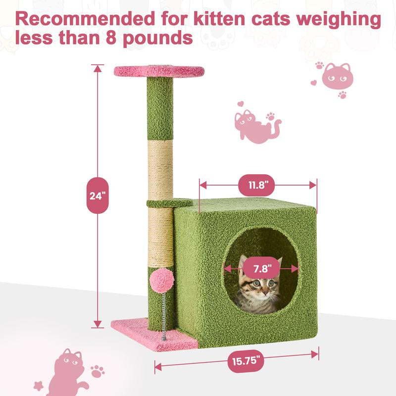 Árbol Rascador para Gatos con Hojas Verdes - Casa Cómoda de Felpa y Poste Rascador para Gatos de Interior
