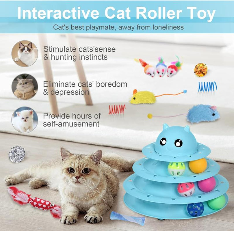 Set de 24 Juguetes Interactivos para Gatos - Kit Completo con Torbellino 3 Niveles, Juguetes con Hierba Gatera, Ratones y Pelotas Variadas