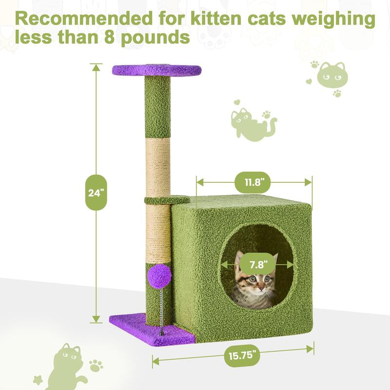 Árbol Rascador para Gatos con Hojas Verdes - Casa Cómoda de Felpa y Poste Rascador para Gatos de Interior