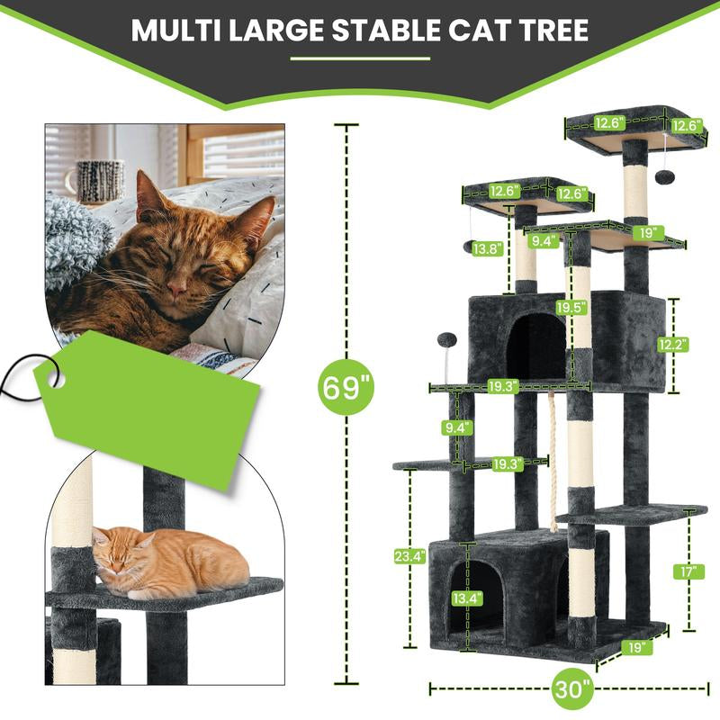 Árbol Rascador para Gatos con Hojas Verdes - Casa Cómoda de Felpa y Poste Rascador para Gatos de Interior