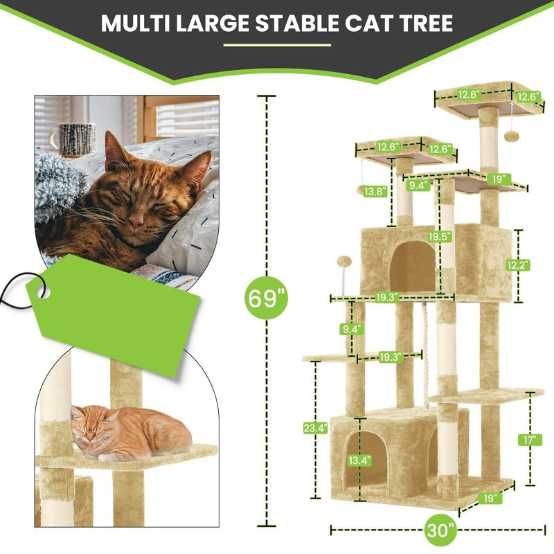 Árbol Rascador para Gatos con Hojas Verdes - Casa Cómoda de Felpa y Poste Rascador para Gatos de Interior