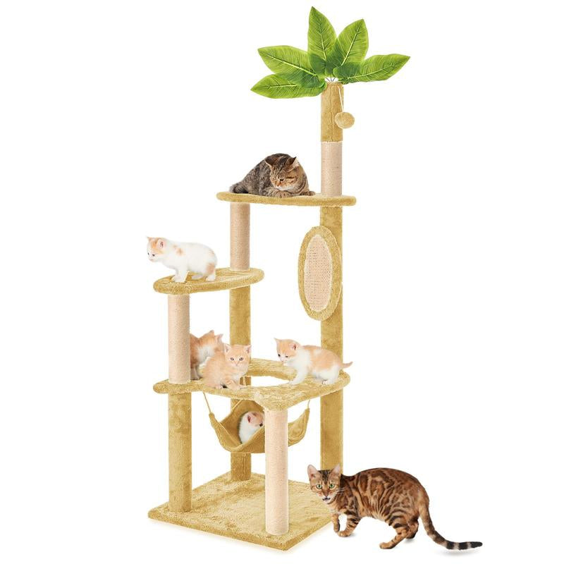 Árbol Rascador para Gatos con Hojas Verdes - Casa Cómoda de Felpa y Poste Rascador para Gatos de Interior