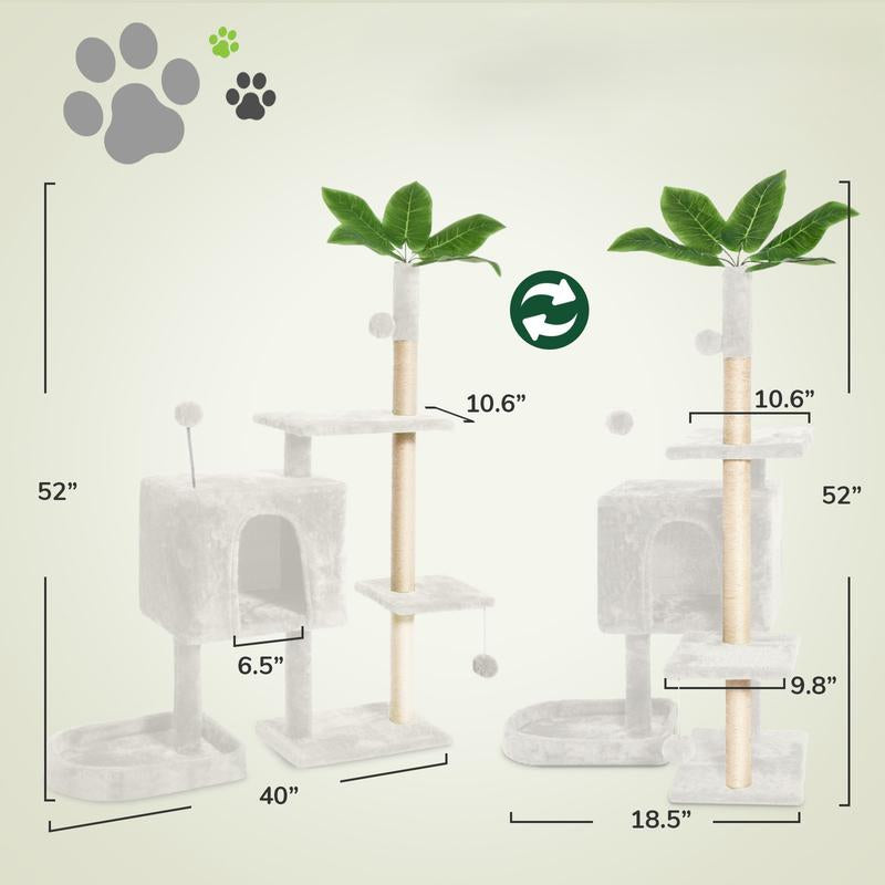 Wecharmer Árbol Torre para Gatos de Interior con Hojas Verdes, Casa Condo Felpa Acogedora con Pelota Colgante, Mueble Rascador Gatos