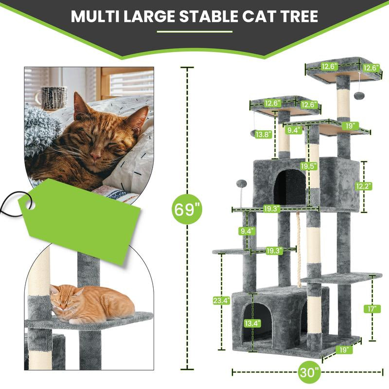 Árbol Rascador para Gatos con Hojas Verdes - Casa Cómoda de Felpa y Poste Rascador para Gatos de Interior