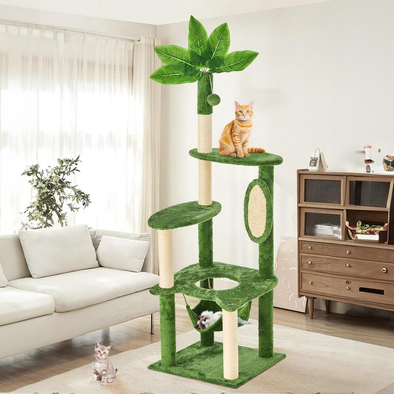 Wecharmer Árbol Torre para Gatos de Interior con Hojas Verdes, Casa Condo Felpa Acogedora con Pelota Colgante, Mueble Rascador Gatos