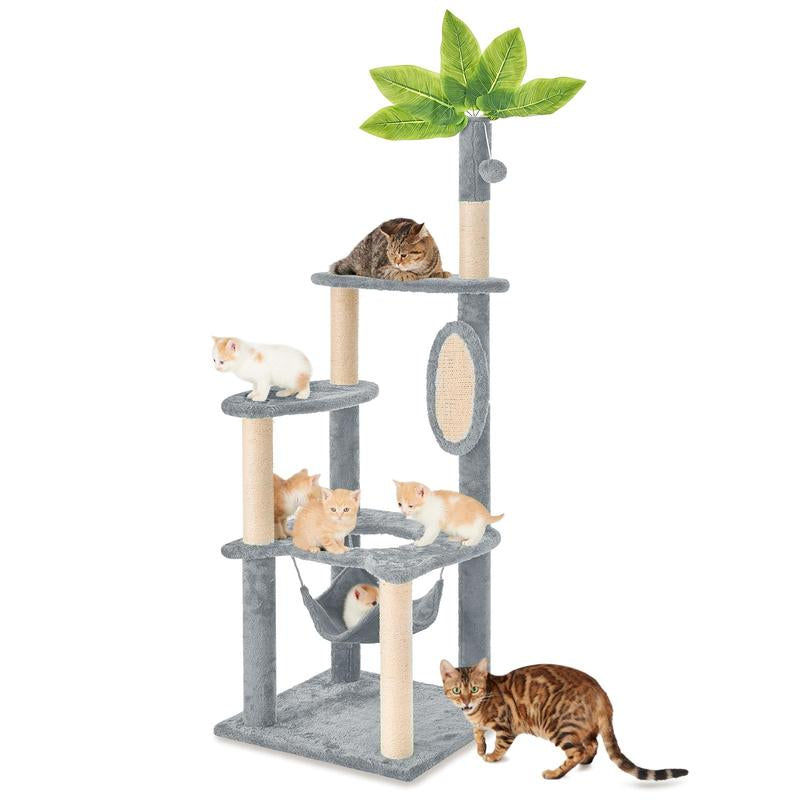 Árbol Rascador para Gatos con Hojas Verdes - Casa Cómoda de Felpa y Poste Rascador para Gatos de Interior
