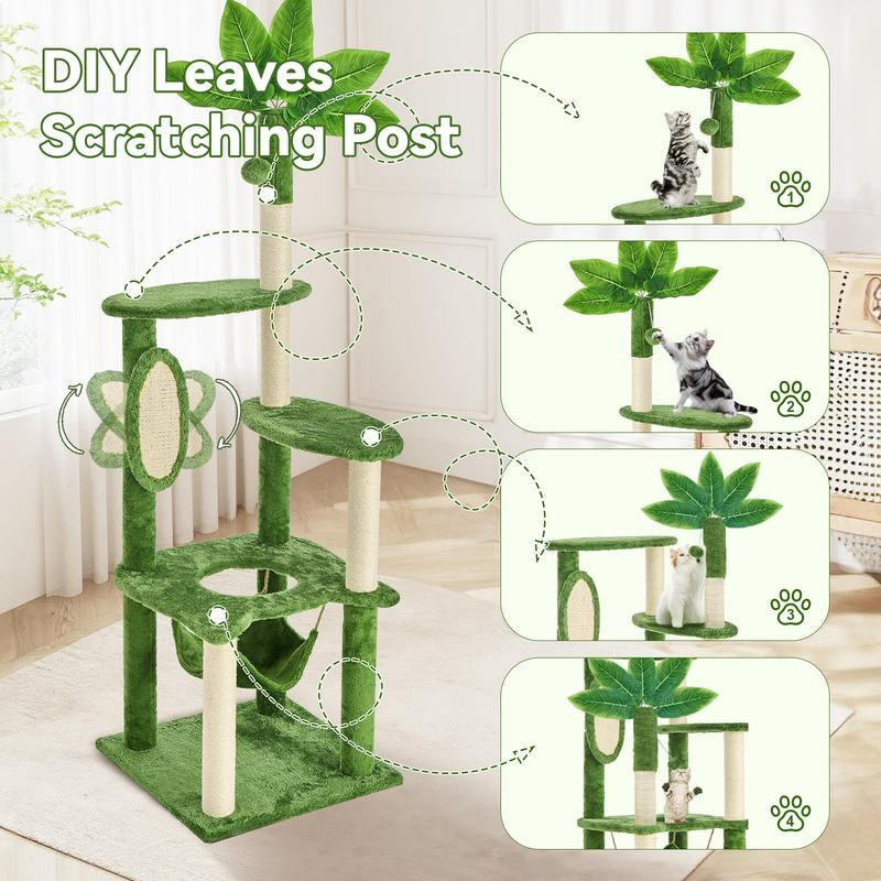 Árbol Rascador para Gatos con Hojas Verdes - Casa Cómoda de Felpa y Poste Rascador para Gatos de Interior