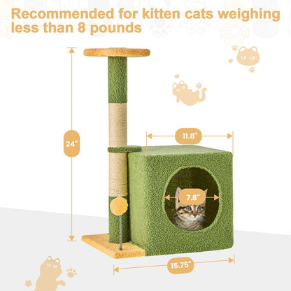Árbol Rascador para Gatos con Hojas Verdes - Casa Cómoda de Felpa y Poste Rascador para Gatos de Interior