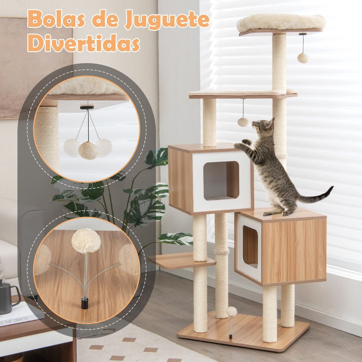 Árbol para Gatos 6 Niveles con 2 Condominios y Cojines Lavables – Torre de Actividades Multifuncional