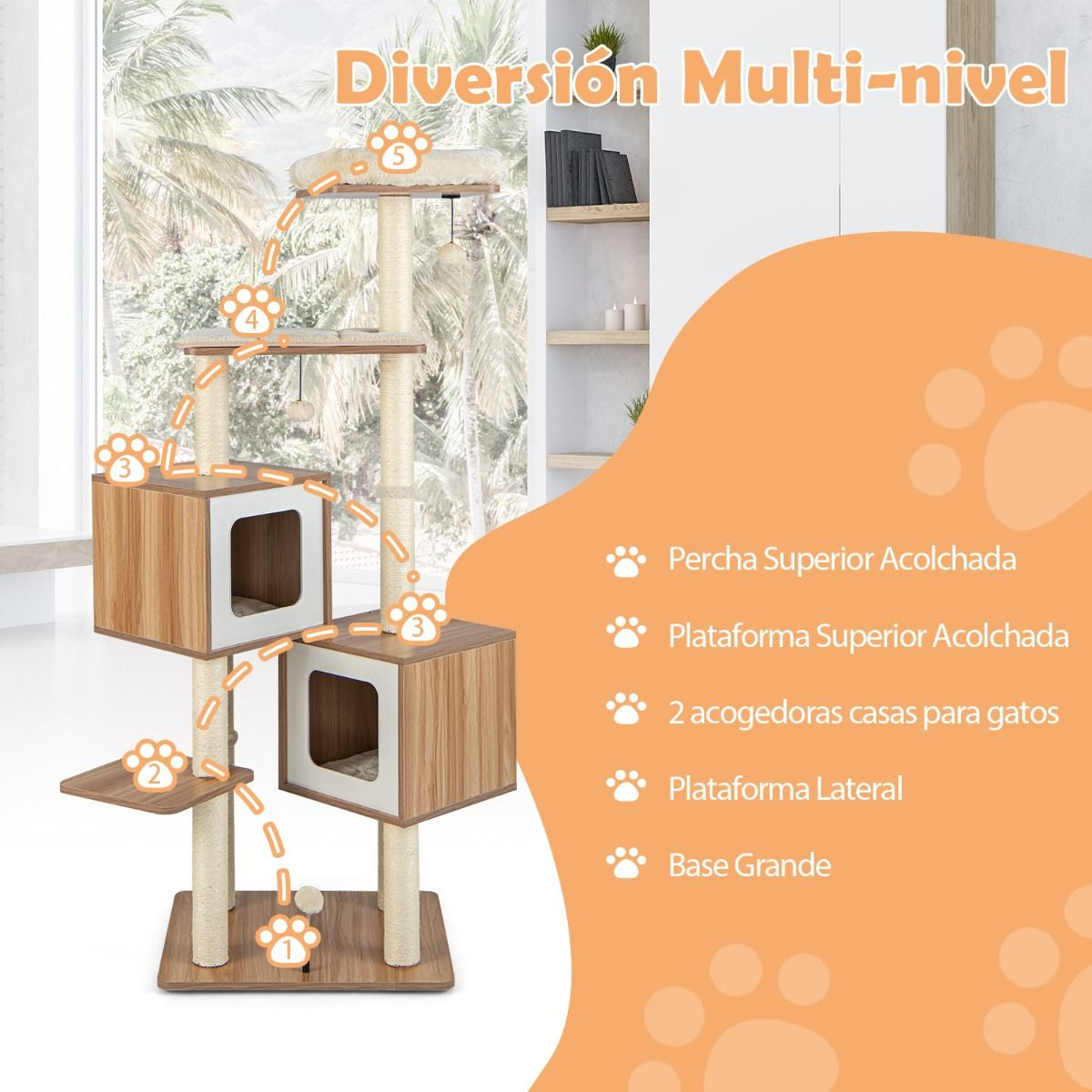 Árbol para Gatos 6 Niveles con 2 Condominios y Cojines Lavables – Torre de Actividades Multifuncional