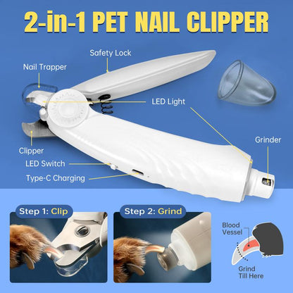 Cortauñas Eléctrico 2 en 1 para Perros y Gatos - USB Recargable con LED y Diseño Seguro - Ideal para Mascotas Pequeñas, Medianas y Grandes