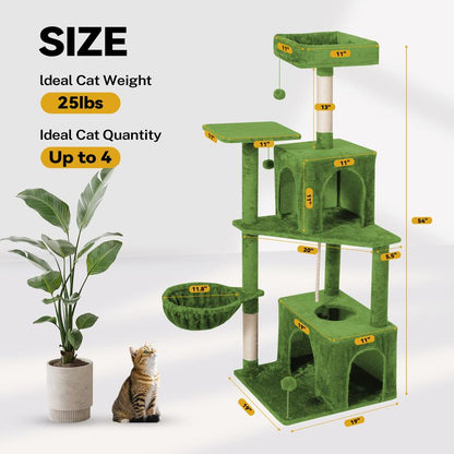 Árbol Rascador para Gatos con Hojas Verdes - Casa Cómoda de Felpa y Poste Rascador para Gatos de Interior