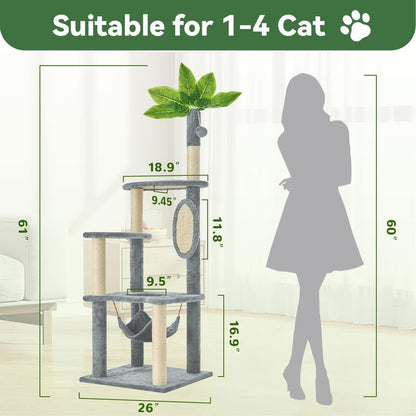 Wecharmer Árbol Torre para Gatos de Interior con Hojas Verdes, Casa Condo Felpa Acogedora con Pelota Colgante, Mueble Rascador Gatos
