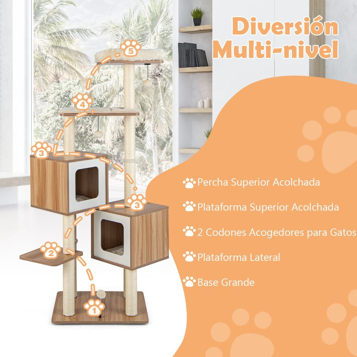 Árbol para Gatos 6 Niveles con 2 Condominios y Cojines Lavables – Torre de Actividades Multifuncional