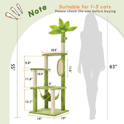 Árbol Rascador para Gatos con Hojas Verdes - Casa Cómoda de Felpa y Poste Rascador para Gatos de Interior