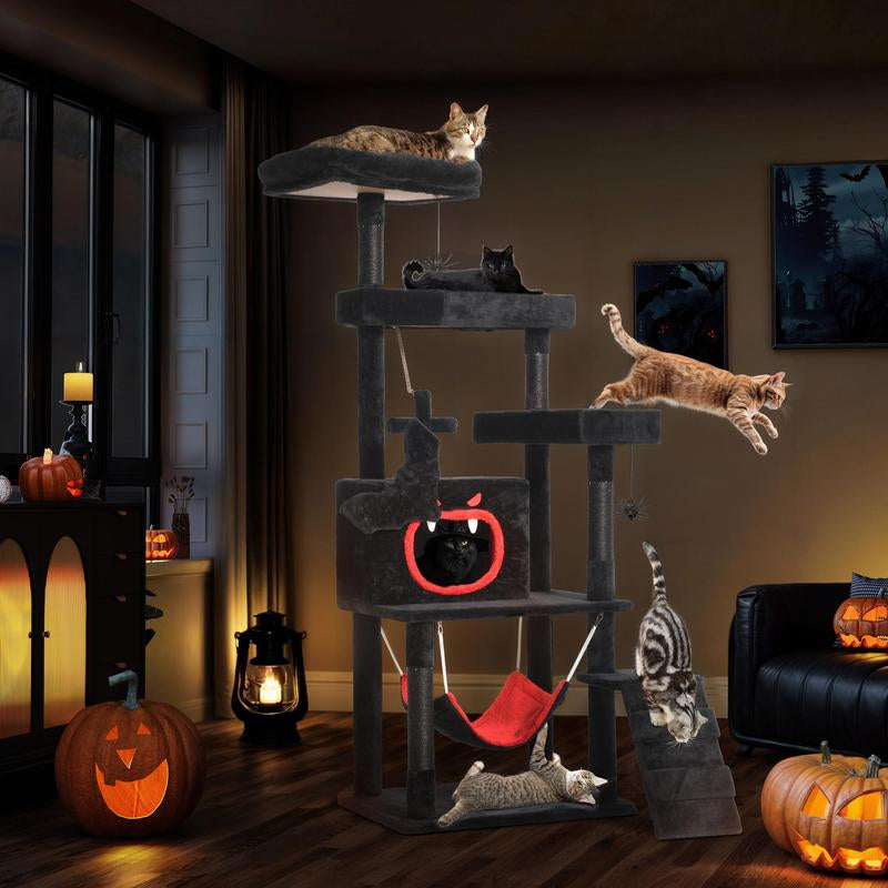 Yitahome Gothic/Christmas Cat Tree with Coffin Bed, Cat Tower for Cats with Top Perch, Spacious Cat Condos, Comfy Hammock, Scratching Post and Ladder