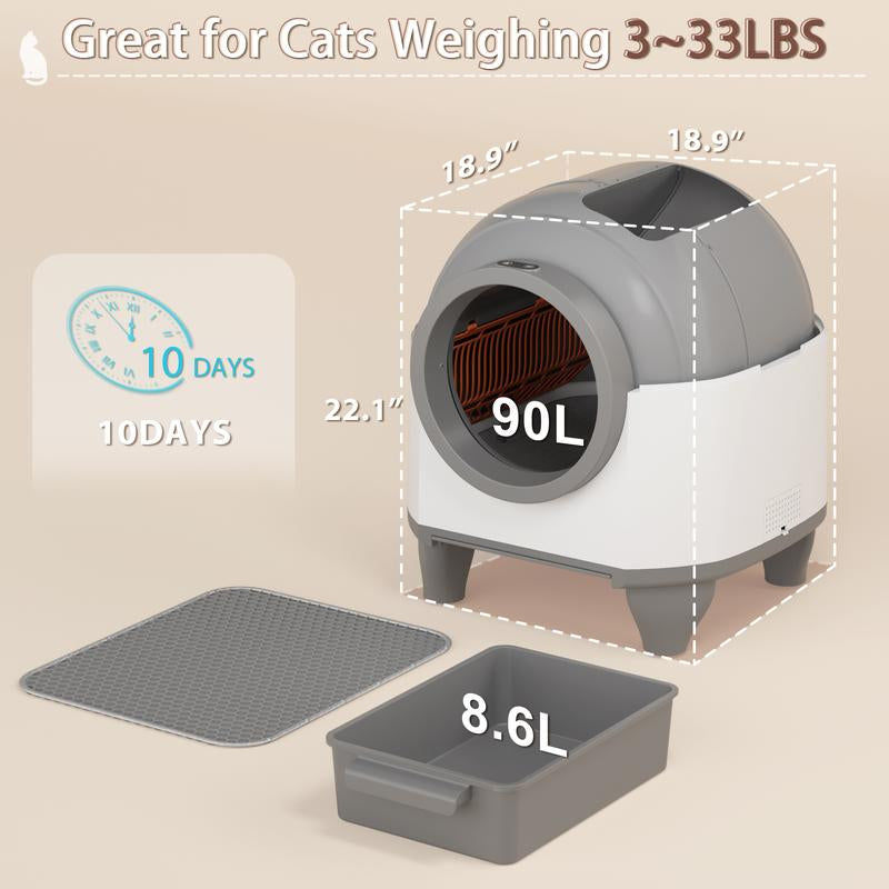 Warcat Smart Low-Noise Auto-Cleaning Litter Box 90L Self Cleaning Cat Litter Box App-Controlled via 2.4G Wifi with 10 Smart Sensors, Safety Protection, Easy Maintenance, Easy Setup & Clean