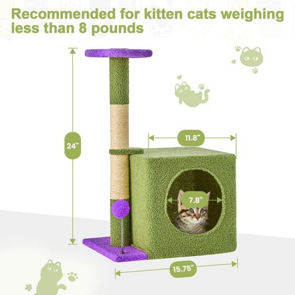 Árbol Rascador para Gatos con Hojas Verdes - Casa Cómoda de Felpa y Poste Rascador para Gatos de Interior