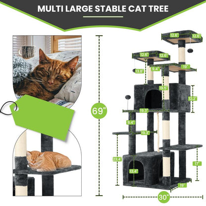 Árbol Rascador para Gatos con Hojas Verdes - Casa Cómoda de Felpa y Poste Rascador para Gatos de Interior