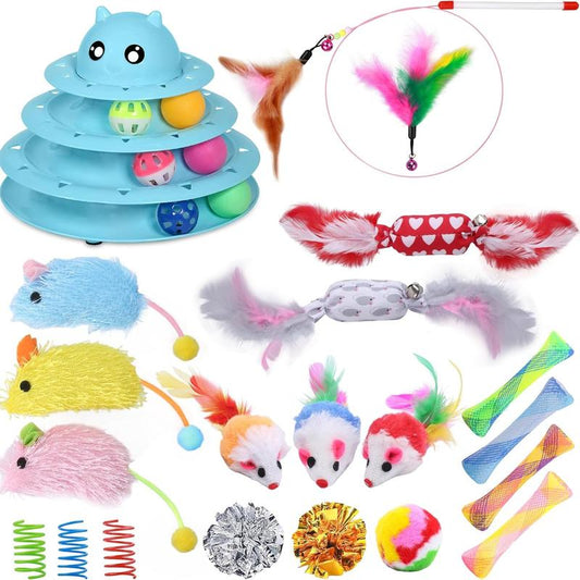 Set de 24 Juguetes Interactivos para Gatos - Kit Completo con Torbellino 3 Niveles, Juguetes con Hierba Gatera, Ratones y Pelotas Variadas
