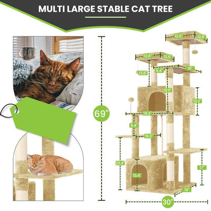 Árbol Rascador para Gatos con Hojas Verdes - Casa Cómoda de Felpa y Poste Rascador para Gatos de Interior