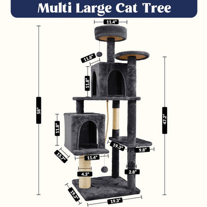 Wecharmer Árbol Rascador para Gatos 58" Torre Interior con Condominios Altos Poste Rascador Juguete Colgante Mueble Gatos Mascotas