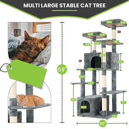 Árbol Rascador para Gatos con Hojas Verdes - Casa Cómoda de Felpa y Poste Rascador para Gatos de Interior