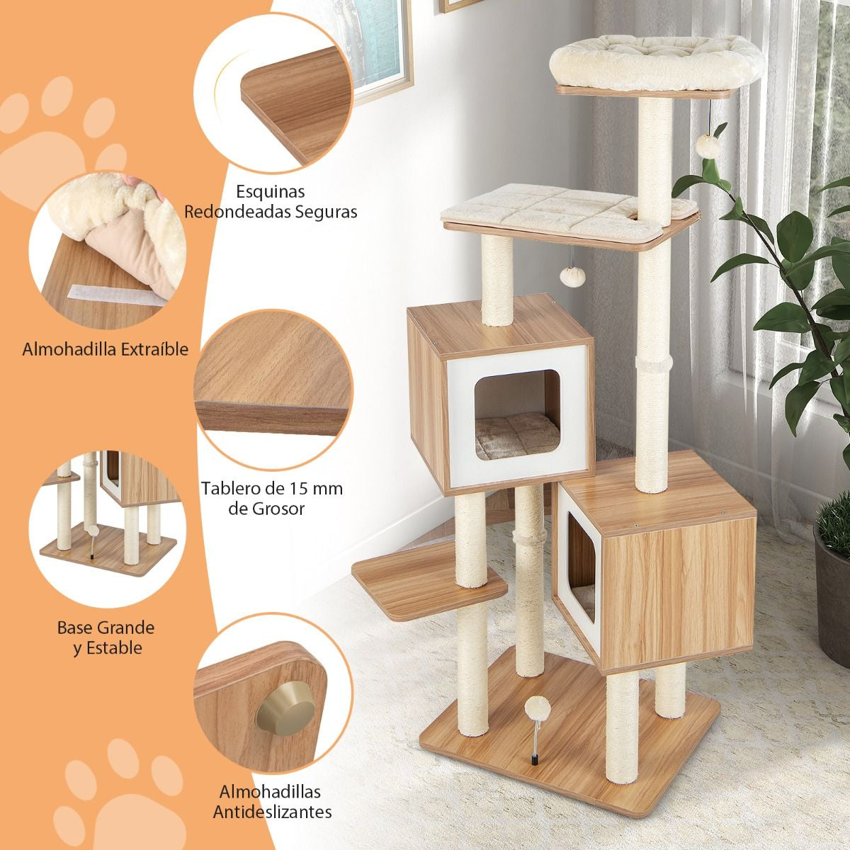 Árbol para Gatos 6 Niveles con 2 Condominios y Cojines Lavables – Torre de Actividades Multifuncional